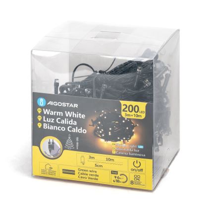 Aigostar - Cadena LED navideña exterior 200xLED/8 funciones 13m IP44 blanco cálido