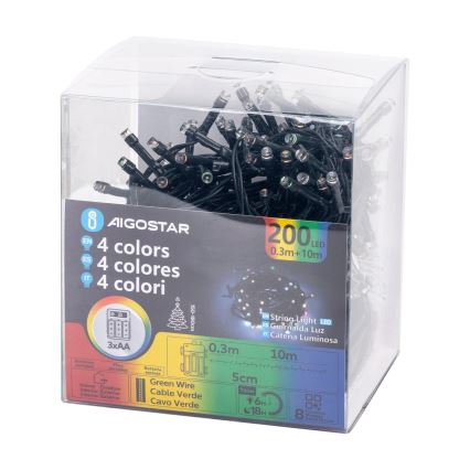 Aigostar - Cadena LED navideña exterior 200xLED/8 funciones 3xAA 10,3m IP44 multicolor