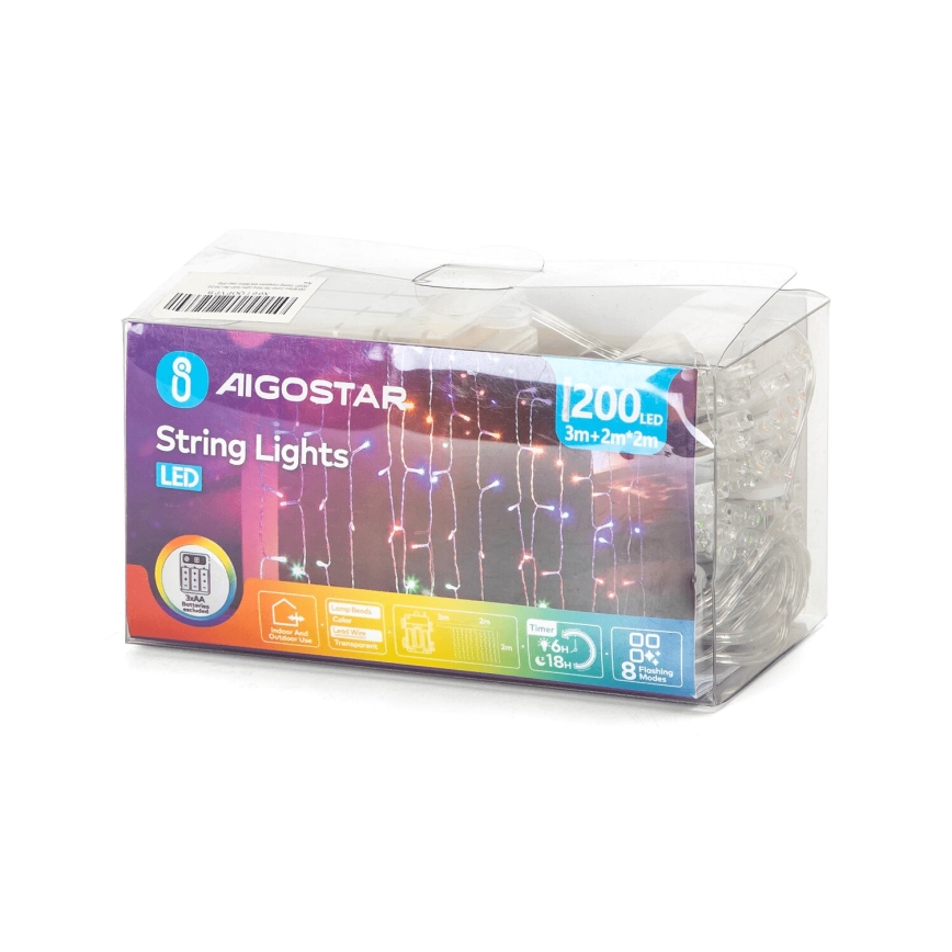 Aigostar - Cadena LED navideña exterior 200xLED/8 funciones 3xAA 5x2m IP44 multicolor