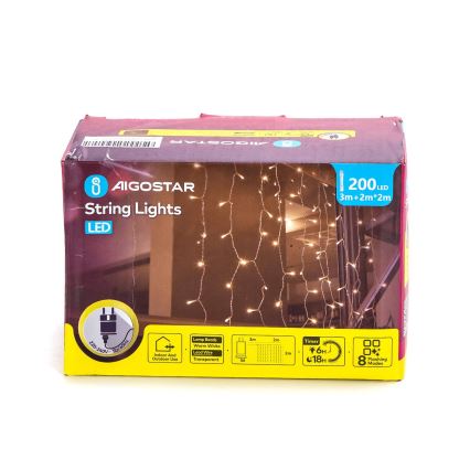 Aigostar - Cadena LED navideña exterior 200xLED/8 funciones 5x2m IP44 blanco cálido