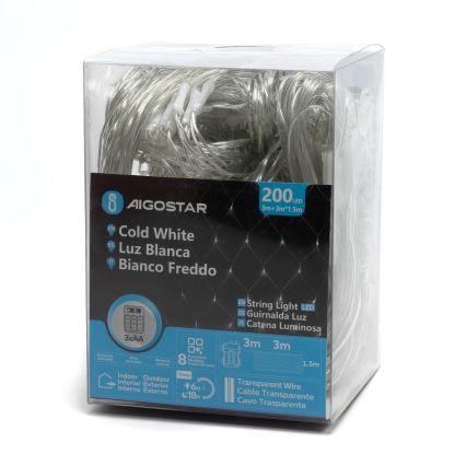 Aigostar - Cadena LED navideña exterior 200xLED/8 funciones 6x1,5m IP44 blanco frío
