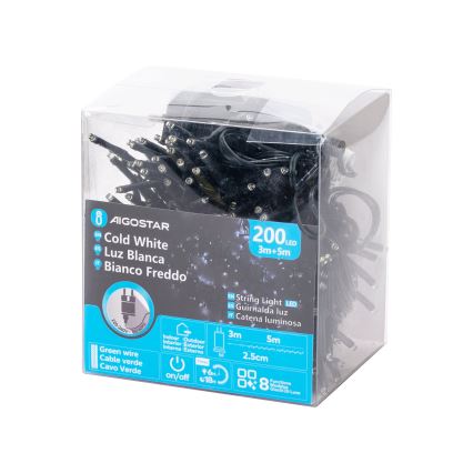 Aigostar - Cadena LED navideña exterior 200xLED/8 funciones 8m IP44 blanco frío