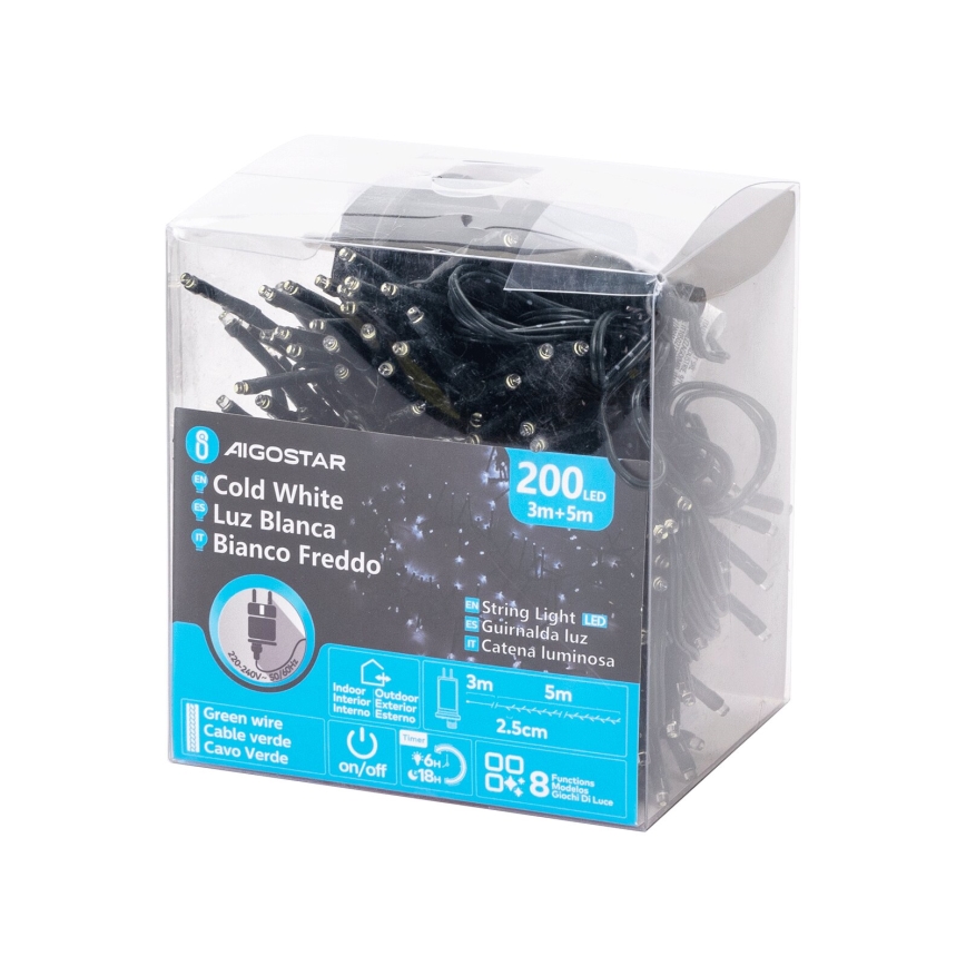 Aigostar - Cadena LED navideña exterior 200xLED/8 funciones 8m IP44 blanco frío