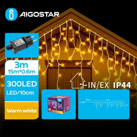 Aigostar - Cadena LED navideña exterior 300xLED/8 funciones 18x0,6m IP44 blanco cálido