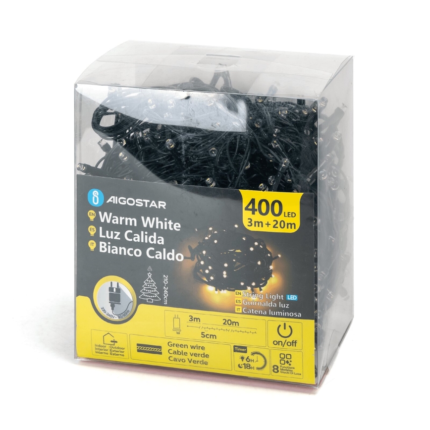 Aigostar - Cadena LED navideña exterior 400xLED/8 funciones 23m IP44 blanco cálido