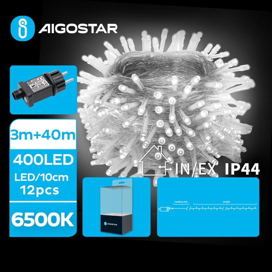 Aigostar - Cadena LED navideña exterior 400xLED/8 funciones 43m IP44 blanco frío