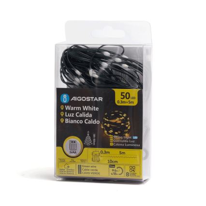 Aigostar - Cadena LED navideña exterior 50xLED/8 funciones 3xAA 5,3m IP44 blanco cálido