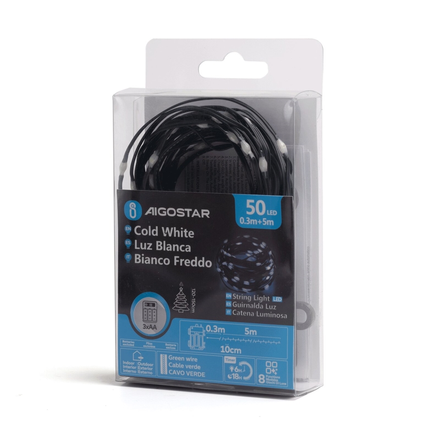 Aigostar - Cadena LED navideña exterior 50xLED/8 funciones 3xAA 5,3m IP44 blanco frío