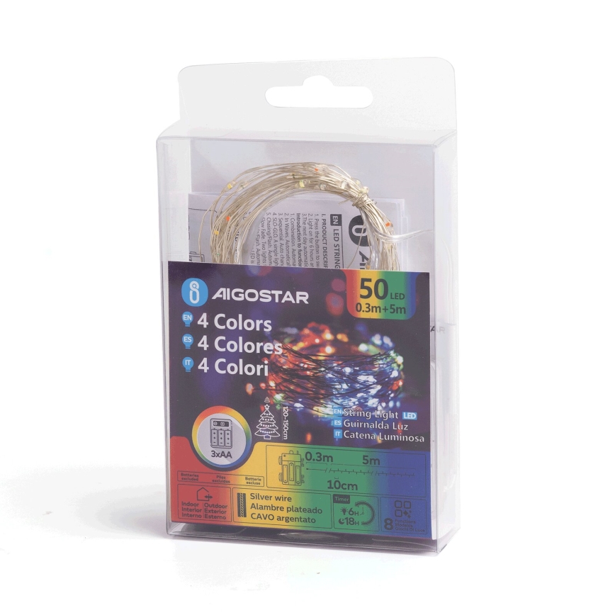 Aigostar - Cadena LED navideña exterior 50xLED/8 funciones 3xAA 5,3m IP44 multicolor