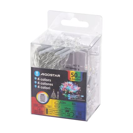 Aigostar - Cadena LED navideña exterior 50xLED/8 funciones 3xAA 5,3m IP44 multicolor