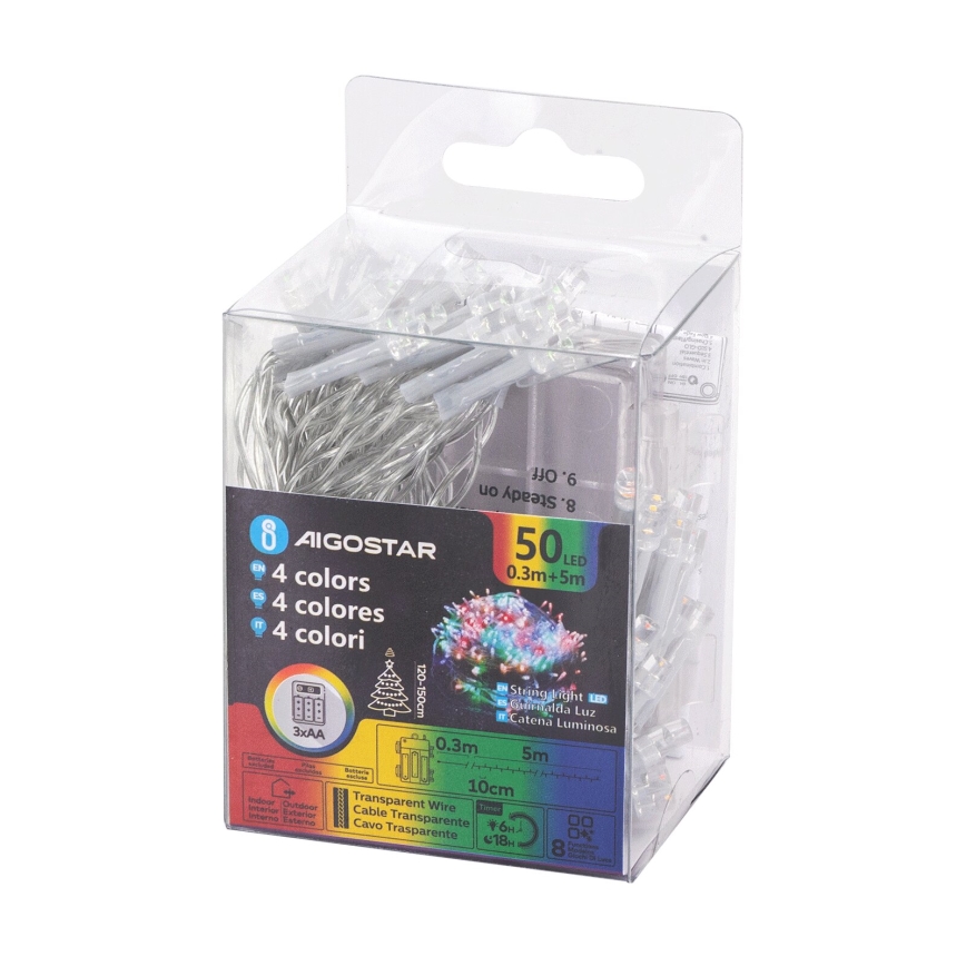 Aigostar - Cadena LED navideña exterior 50xLED/8 funciones 3xAA 5,3m IP44 multicolor