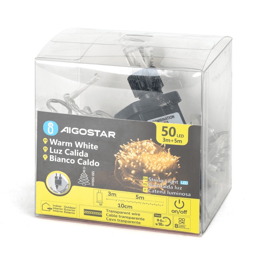 Aigostar - Cadena LED navideña exterior 50xLED/8 funciones 8m IP44 blanco cálido
