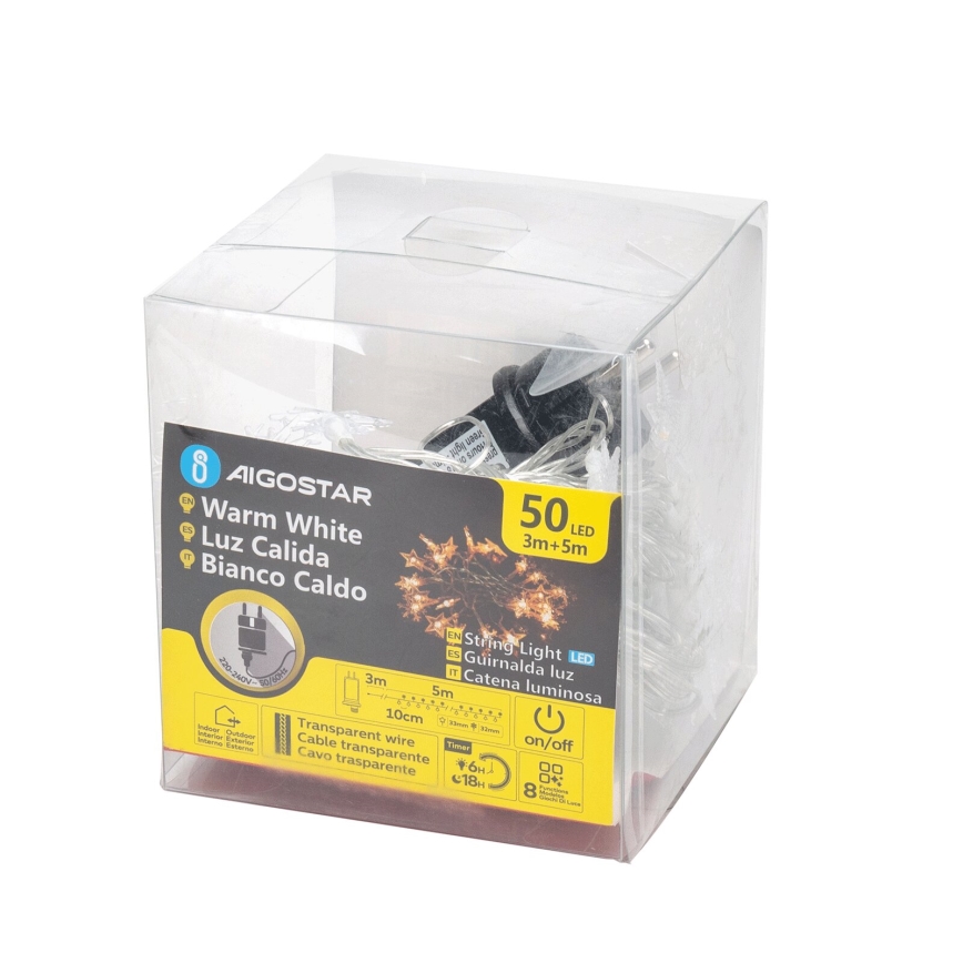 Aigostar - Cadena LED navideña exterior 50xLED/8 funciones 8m IP44 blanco cálido