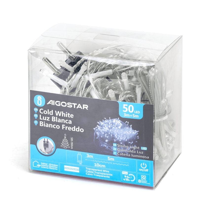 Aigostar - Cadena LED navideña exterior 50xLED/8 funciones 8m IP44 blanco frío