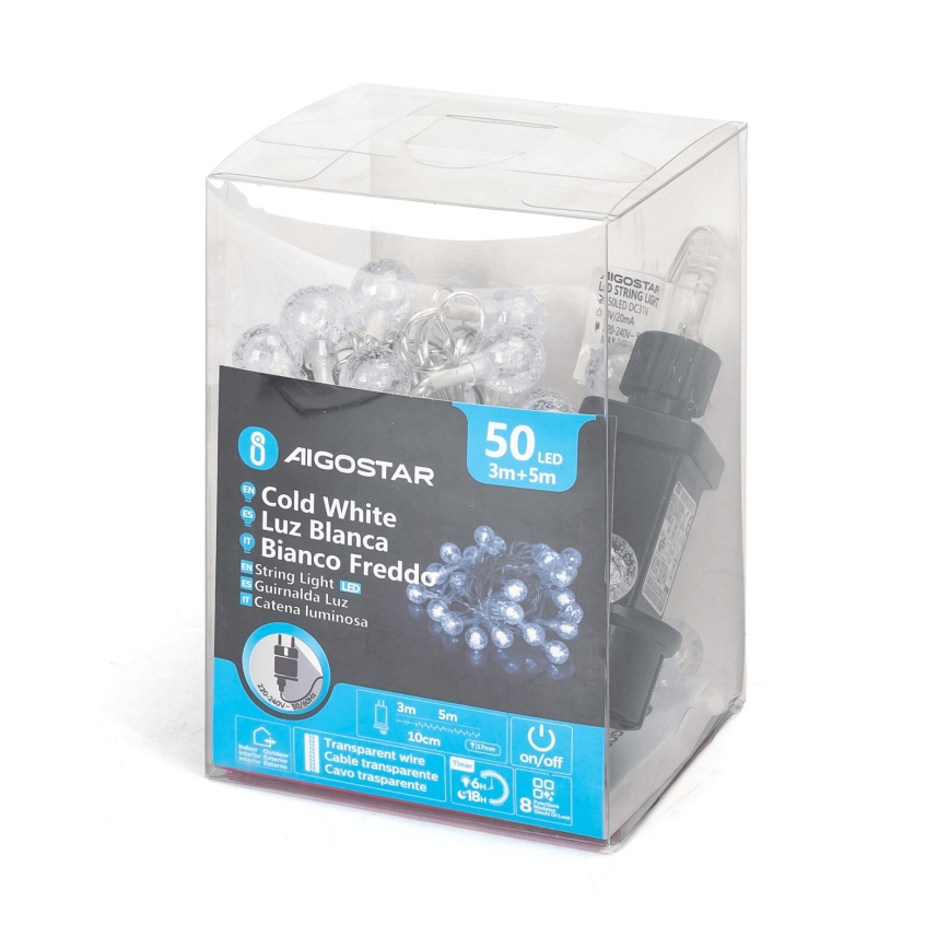 Aigostar - Cadena LED navideña exterior 50xLED/8 funciones 8m IP44 blanco frío