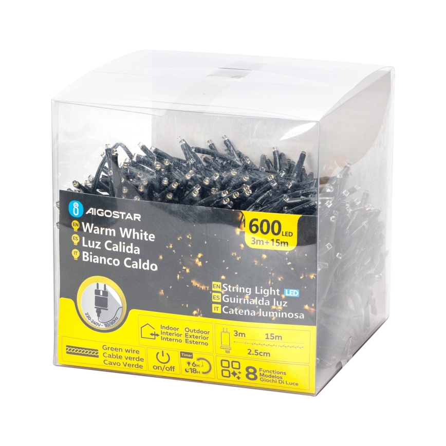 Aigostar - Cadena LED navideña exterior 600xLED/8 funciones 18m IP44 blanco cálido
