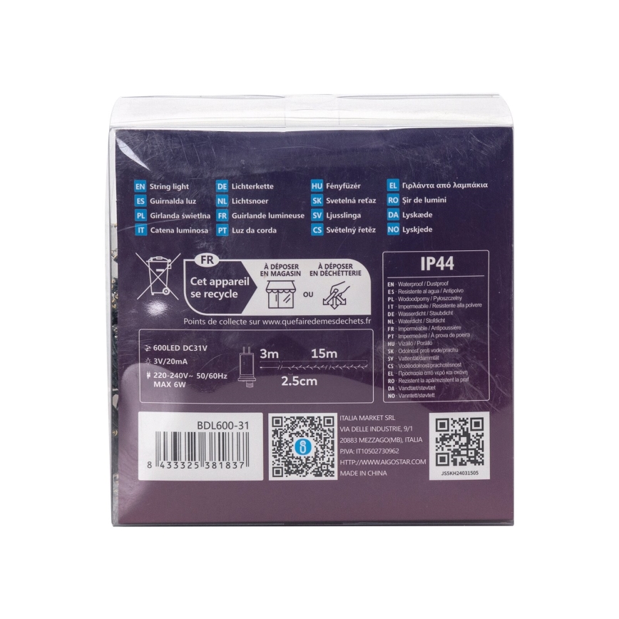 Aigostar - Cadena LED navideña exterior 600xLED/8 funciones 18m IP44 blanco cálido