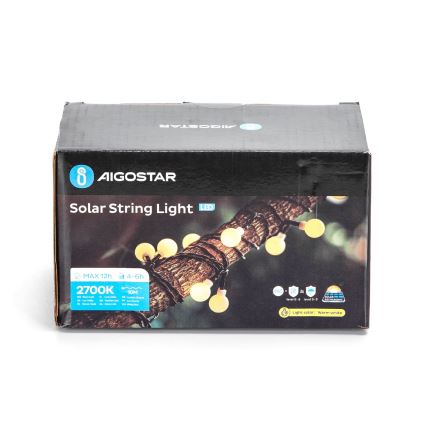 Aigostar - Cadena LED solar decorativa 50xLED/8 funciones 12m IP65 blanco cálido