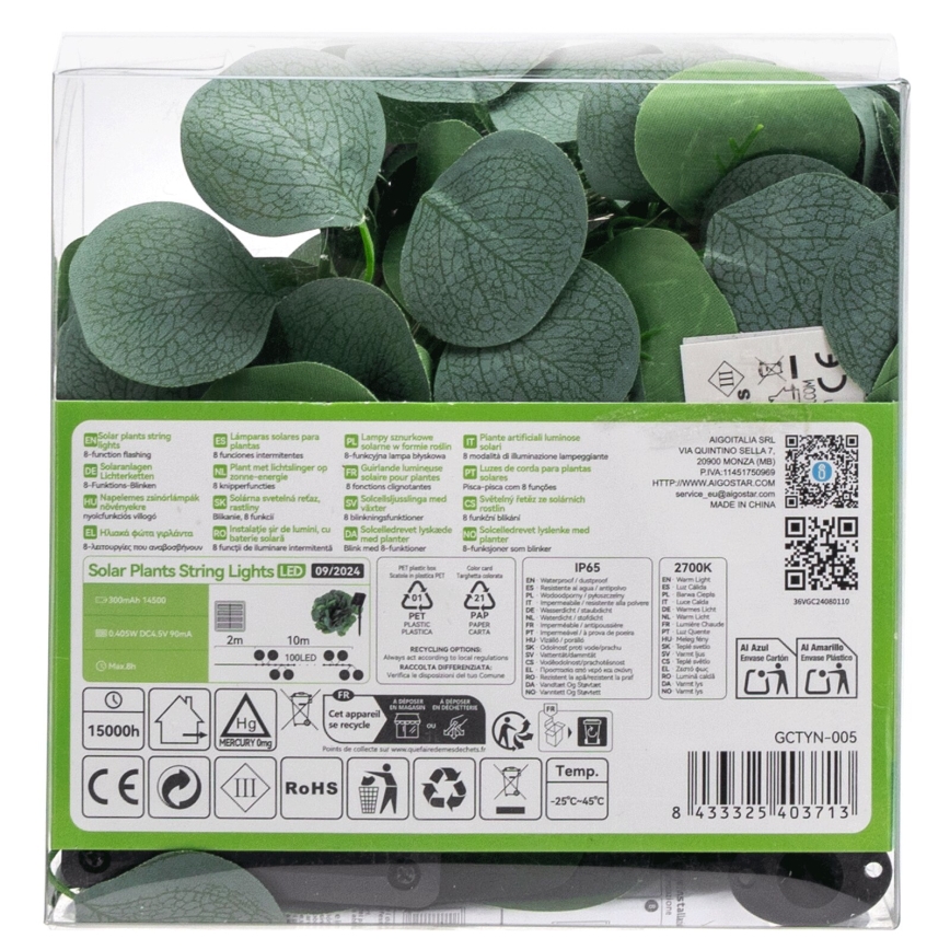Aigostar - Cadena solar LED 100xLED/12m IP65 blanco cálido Eucalyptus
