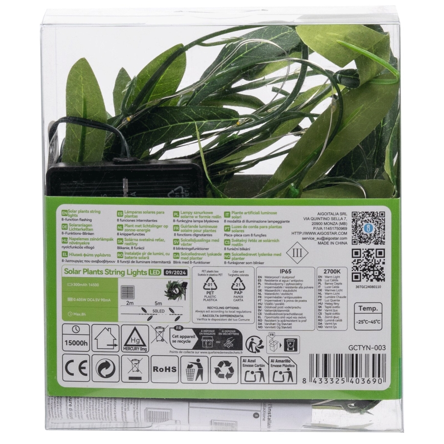 Aigostar - Cadena solar LED 50xLED/7m IP65 blanco cálido oliva