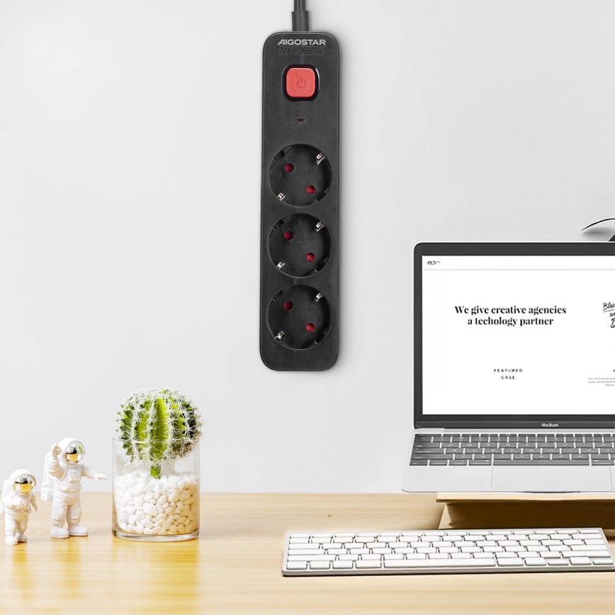 Aigostar - Extensión con interruptor 3Z Tipo F 1,5m negro
