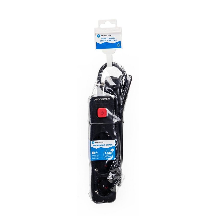 Aigostar - Extensión con interruptor 3Z Tipo F 1,5m negro