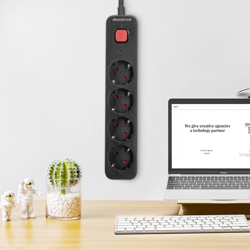 Aigostar - Extensión con interruptor 4Z Tipo F 1,5m negro
