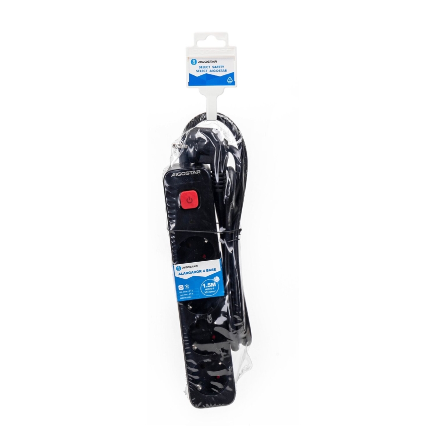 Aigostar - Extensión con interruptor 4Z Tipo F 1,5m negro