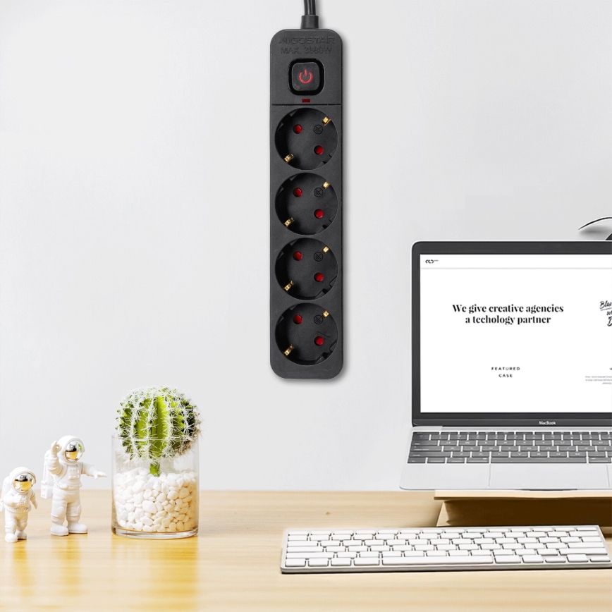 Aigostar - Extensión con interruptor 4Z Tipo F 3m negro