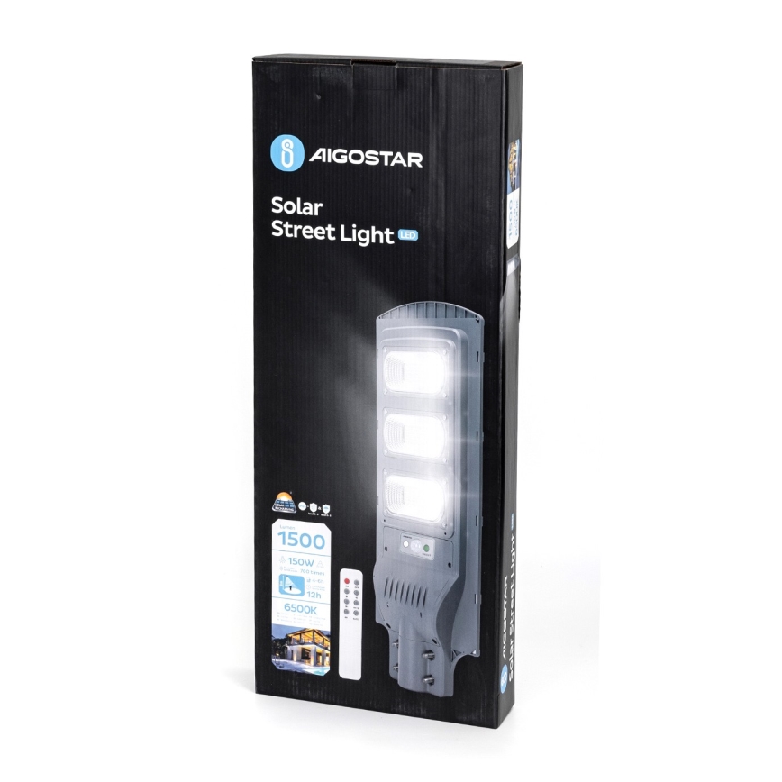 Aigostar - Farola solar LED con sensor con sensor de movimiento y crepuscular LED/150W/3,2V 15000mAh IP65 6500K + control remoto