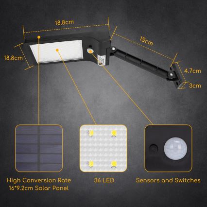 Aigostar - Farola solar LED con sensor LED/2,3W/5,5V 1800 mAh IP65