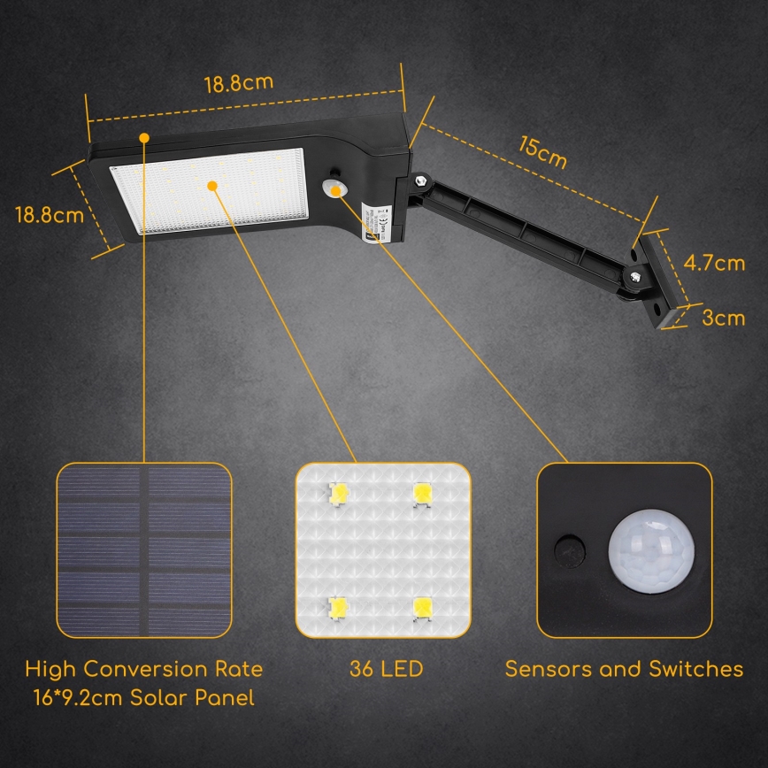 Aigostar - Farola solar LED con sensor LED/2,3W/5,5V 1800 mAh IP65