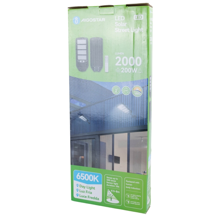 Aigostar - Farola solar LED con sensor LED/200W/3,2V 12000mAh IP65 6500K + control remoto