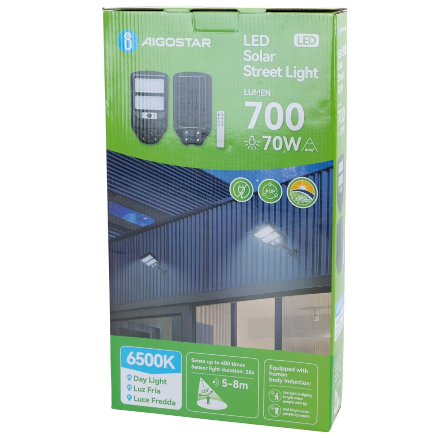 Aigostar - Farola solar LED con sensor LED/70W/3,2V 4000mAh IP65 6500K + control remoto