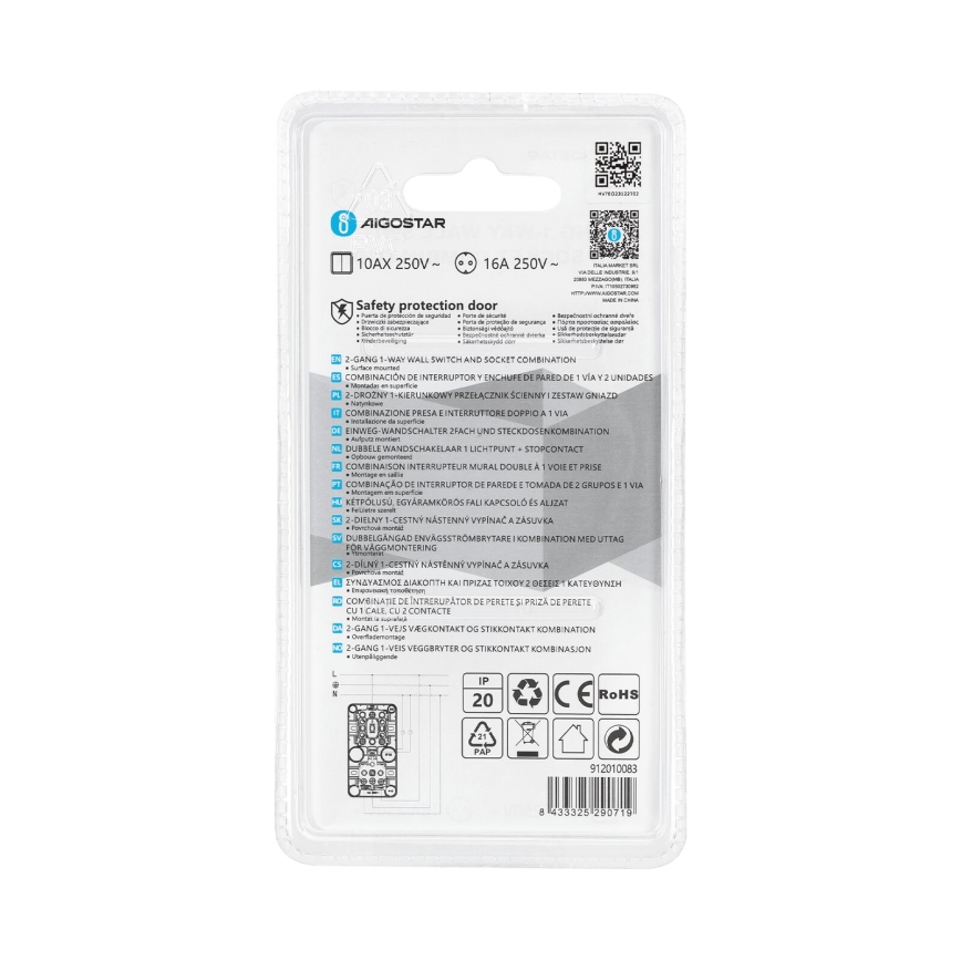 Aigostar - Interruptor 2P con un enchufe 1x10A/250V
