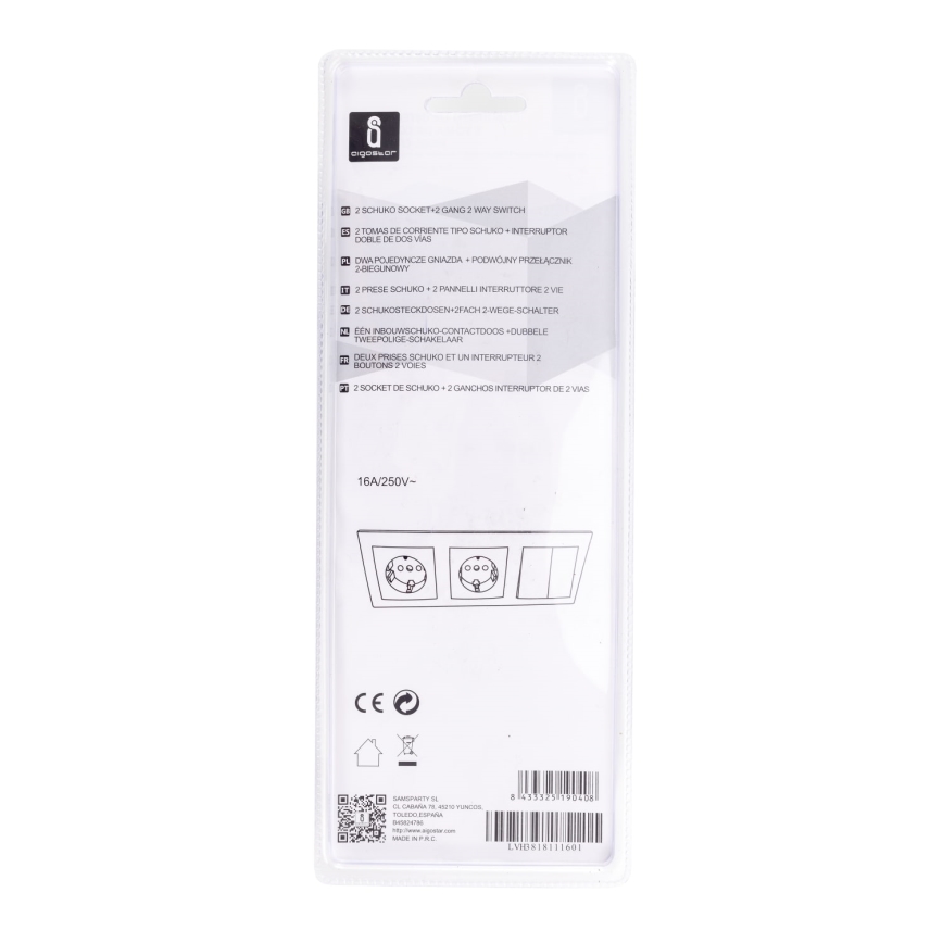 Aigostar - JUEGO 2 enchufes con interruptor 2x16A/250V