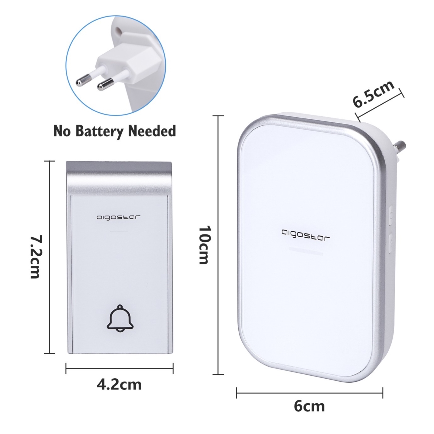 Aigostar - JUEGO 2x Timbre inalámbrico para enchufe 230V IP44 blanco