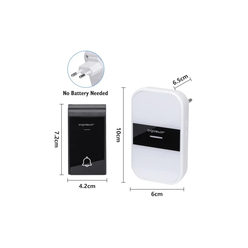 Aigostar - Juego 2x Timbre inalámbrico para enchufe 230V IP44 blanco/negro