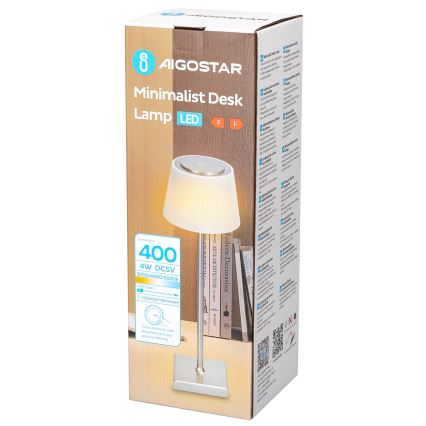 Aigostar - Lámpara de mesa LED de exterior regulable y recargable LED/4W/5V 3600mAh blanco/cromo mate IP54