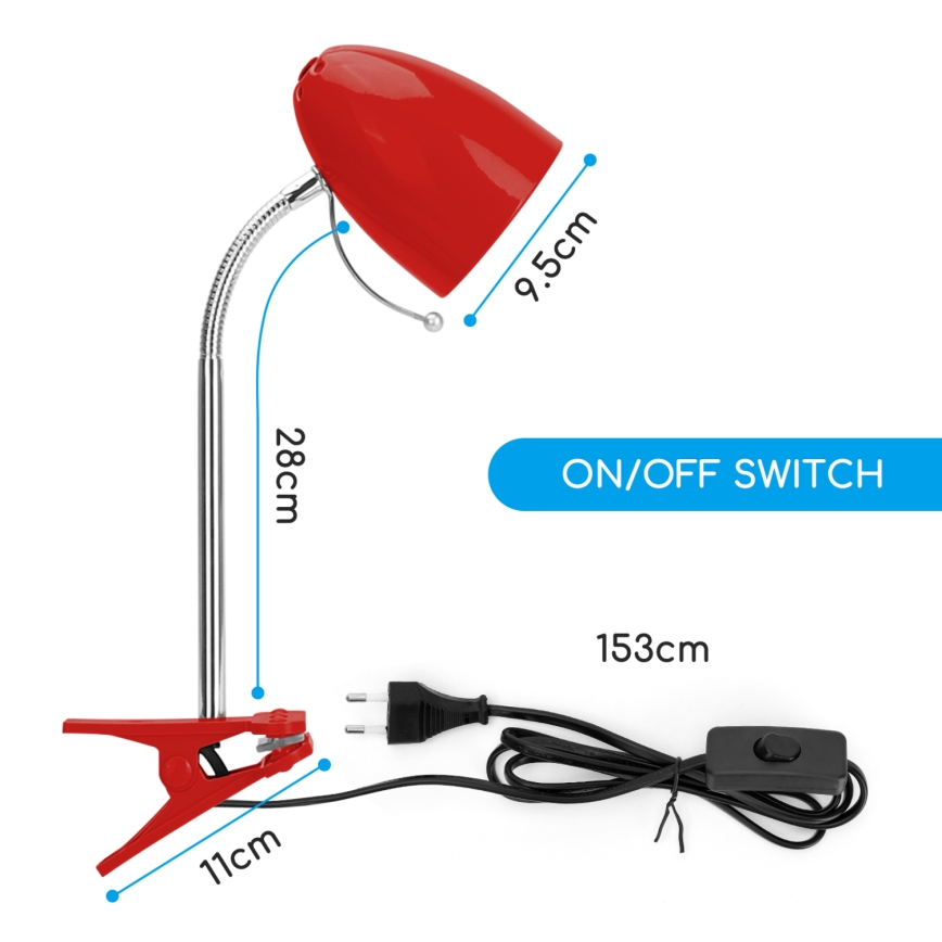 Aigostar - Lámpara de mesa con clip 1xE27/11W/230V rojo/cromo brillante