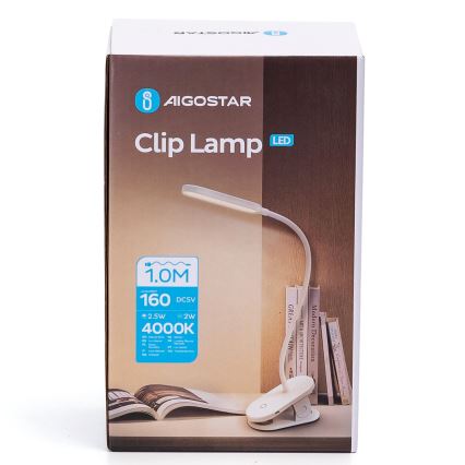 Aigostar - LED Lámpara de mesa recargable con dimmer con clip LED/2,5W/5V 1200mAh blanco