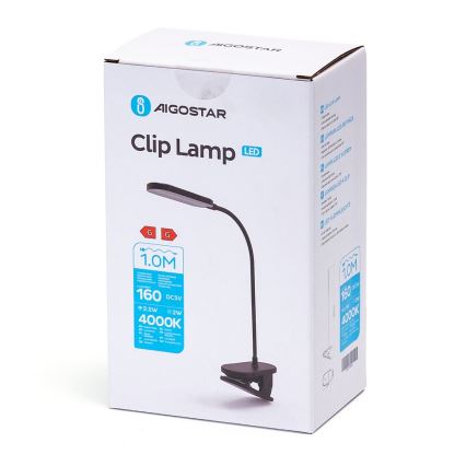 Aigostar - Lámpara de mesa LED recargable y regulable con clip LED/2,5W/5V negro