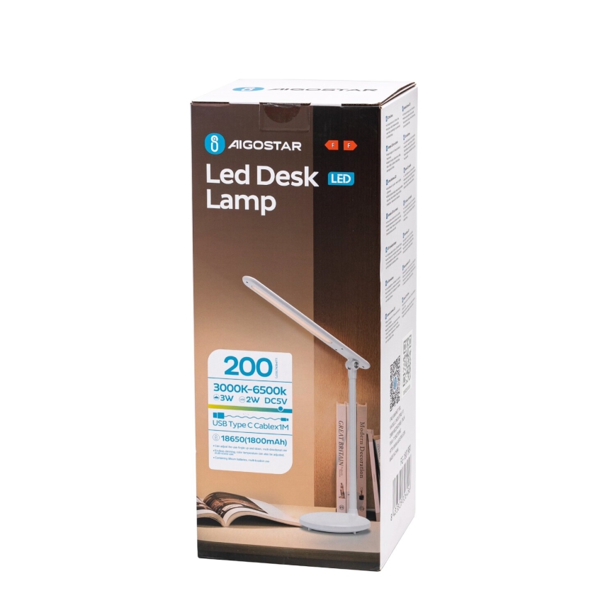 Aigostar - Lámpara de mesa LED táctil recargable y regulable LED/3W/5V 1800 mAh