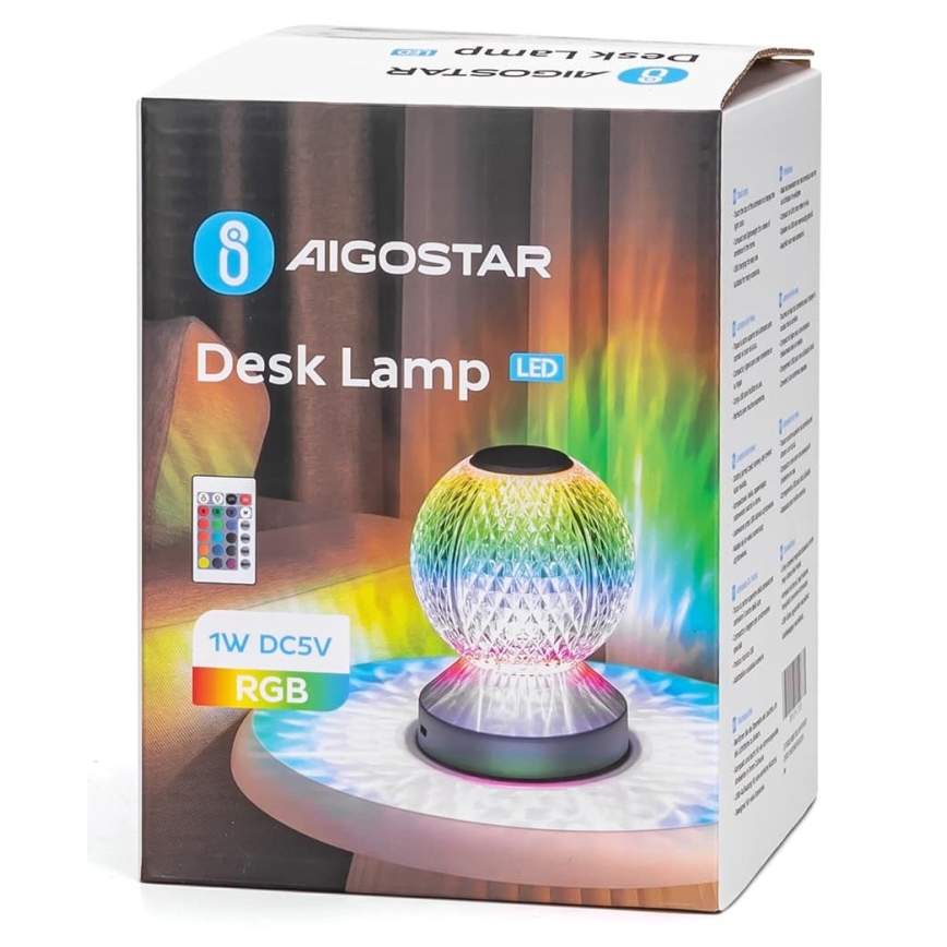 Aigostar - Lámpara de mesa recargable y regulable LED RGB LED/1W/5V 1800mAh 13,5 cm + mando a distancia