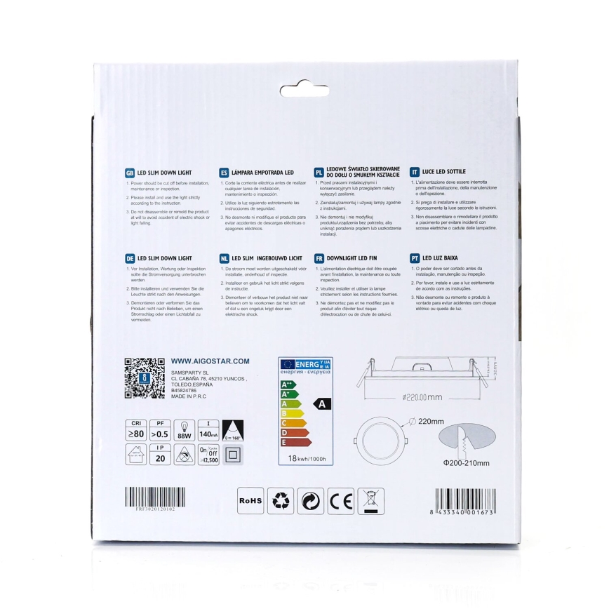 Aigostar - Lámpara empotrable LED ULTRATHIN LED/18W/230V 4000K blanco