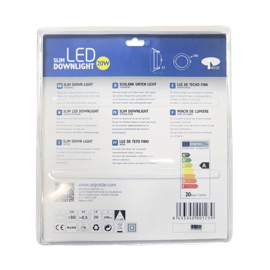 Aigostar - Lámpara empotrable LED ULTRATHIN LED/20W/230V 3000K cromo mate