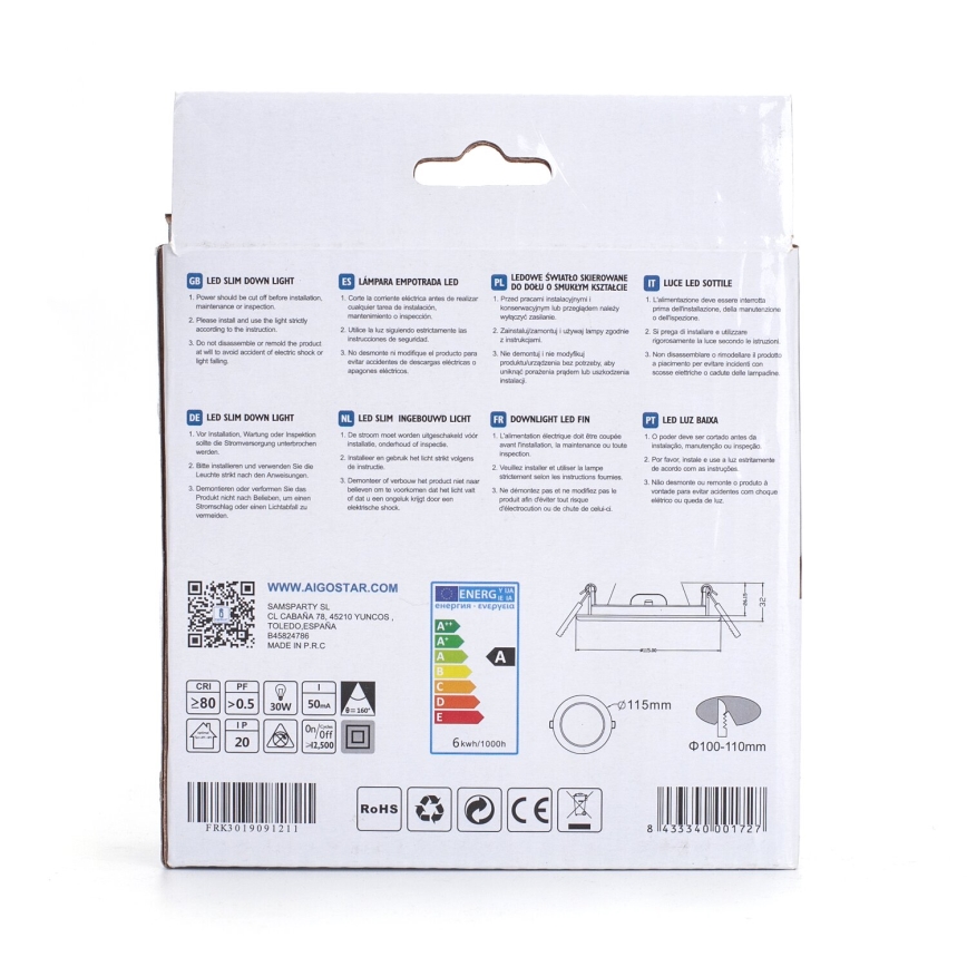 Aigostar - Lámpara empotrable LED ULTRATHIN LED/6W/230V 3000K blanco