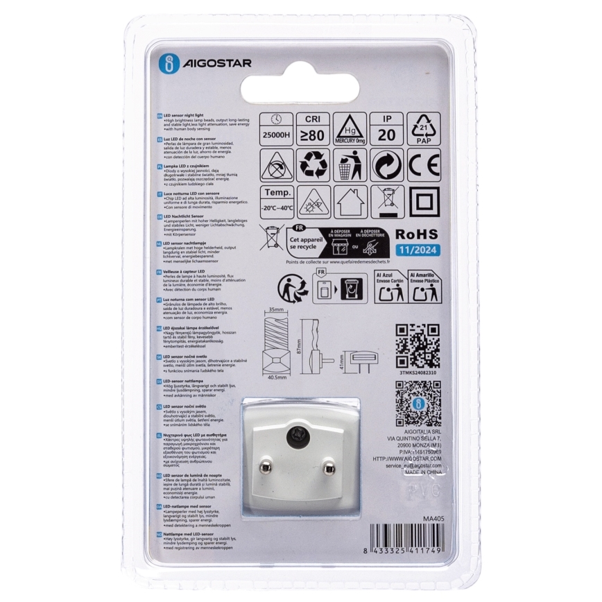 Aigostar - LED Luz nocturna con sensor crepuscular LED/0,2W/230V 3000K
