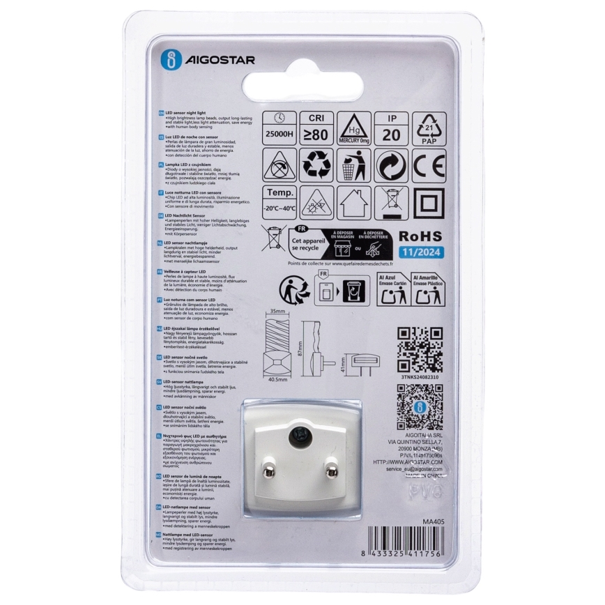 Aigostar - LED Luz nocturna con sensor crepuscular LED/0,2W/230V 6500K