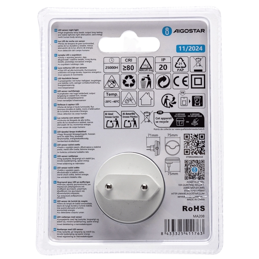 Aigostar - LED Luz nocturna con sensor crepuscular LED/0,5W/230V 3000K